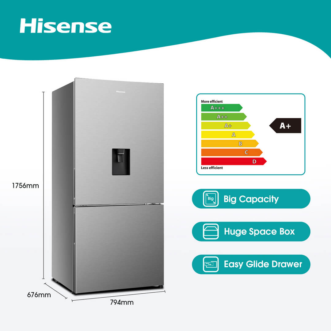 Hisense 458L Brushed Stainless Steel, Bottom Freezer With Water Dispenser, A+,No Frost- H610BS-WD